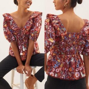 Maeve by Anthropologie Ruffled Floral Animal Top Sz Med Smocked  Multi